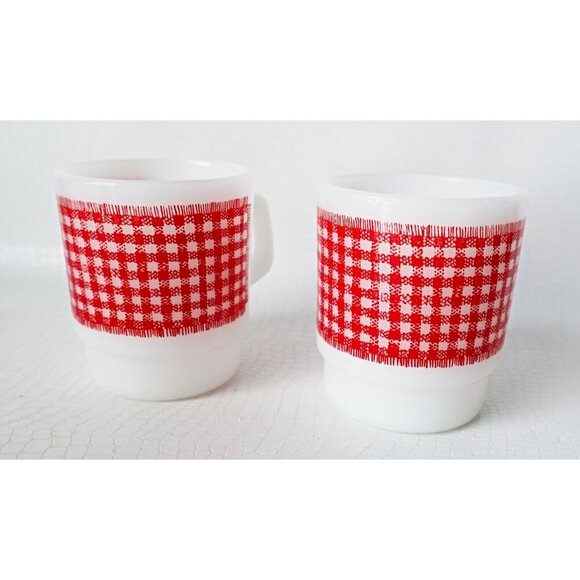 Vintage Fire King Milk Glass Mugs Red Gingham Stacking Milk Glass Fire King - Picture 2 of 6